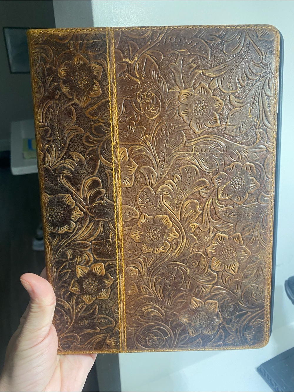 Brown Embossed Floral Leather Tablet Case